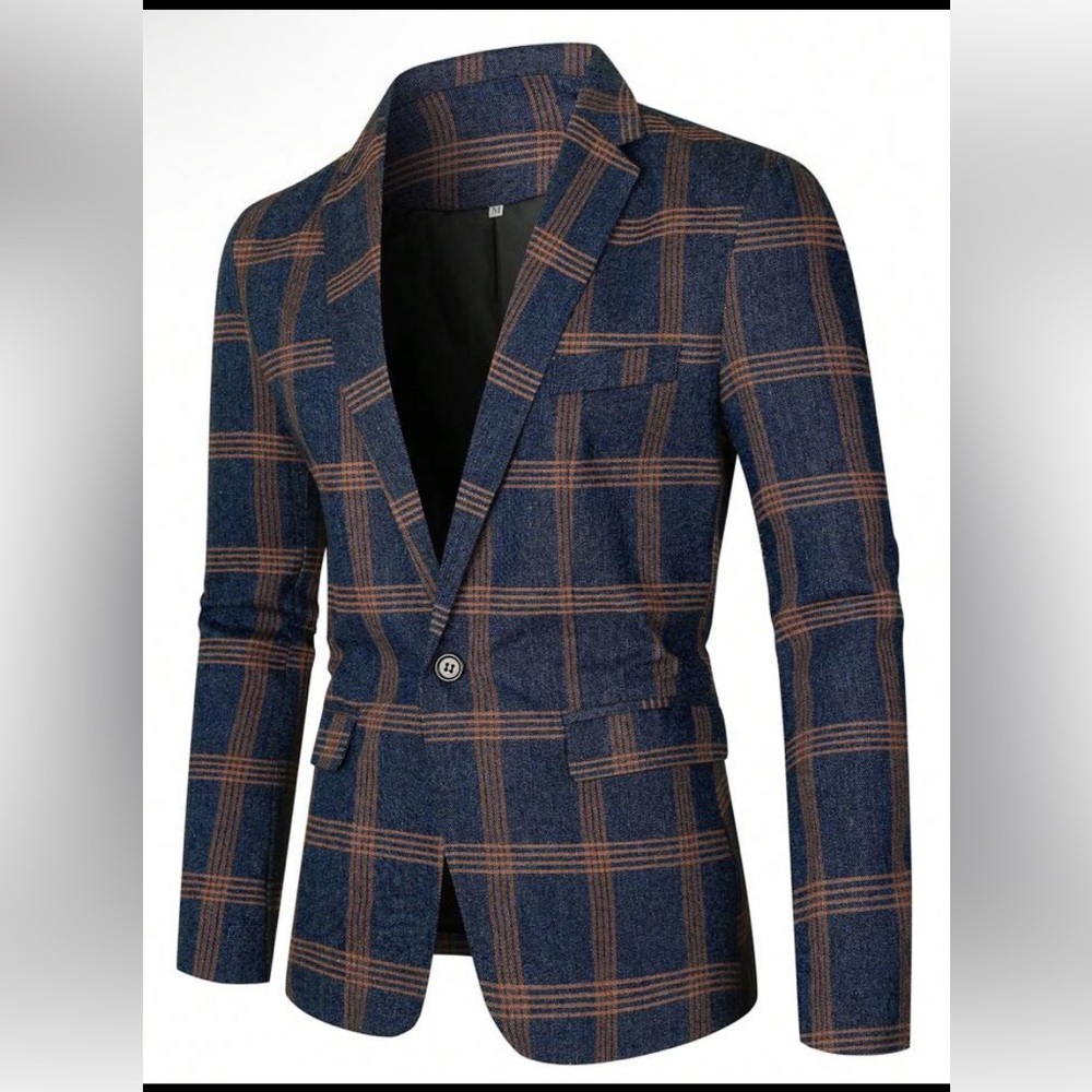 SHEIN Men's Check Plaid Single Button Blazer Navy Blue & Orange Size - L NWOT - Picture 1 of 9